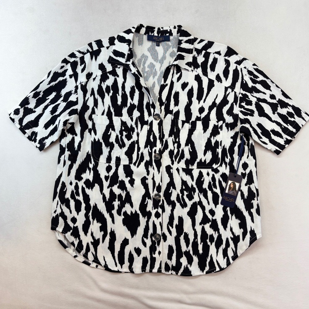 RACHEL Rachel Roy Button Down Shirt Women Medium Black White Abstract Animal New